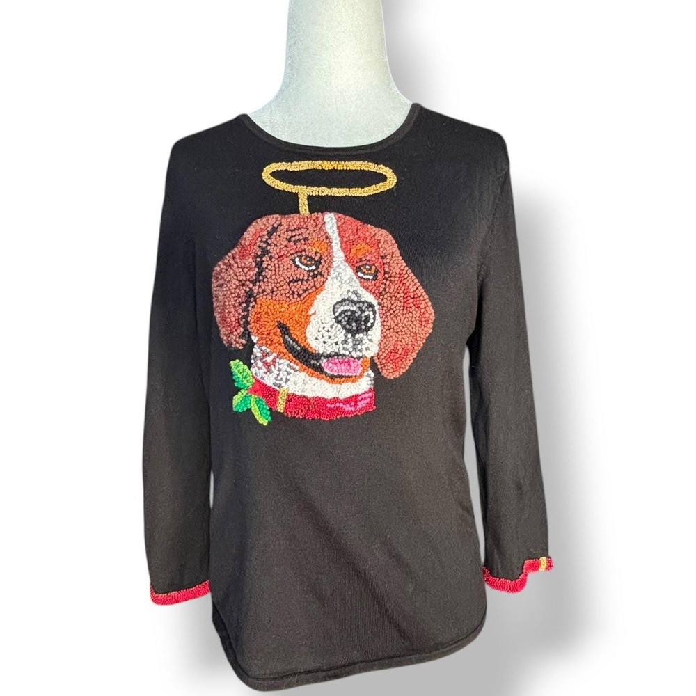 Vintage 2000s Michael Simon Knit Christmas Top Angel Dog Whimsical Cute